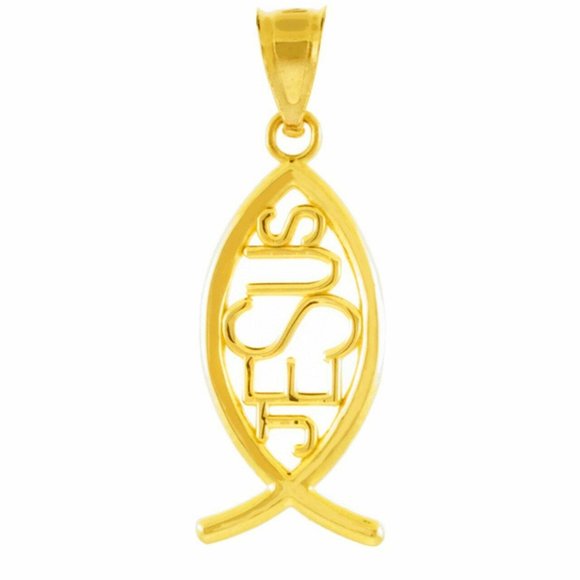 14K Solid Gold Ichthus JESUS Fish Vertical Pendant - Yellow, Rose, or White